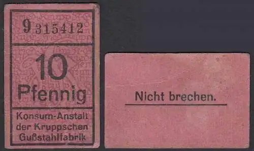 10 Pfennig ESSEN, Konsum-Anstalt Krupp’schen Gussstahlfabrik Notgeld   (32371