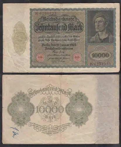 Reichsbanknote 10000 Mark 1922 Ro 68b - Pick 71 F- (4-)  Serie: K  (32382