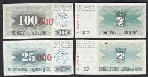 BOSNIEN - HERZEGOVINA  25- + 100 tausend Dinara 15.10.1993 Pick 54f +56f  VF+ 