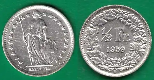 Schweiz - Switzerland 1/2 Franken 1959 SILVER Silber COIN    (32459
