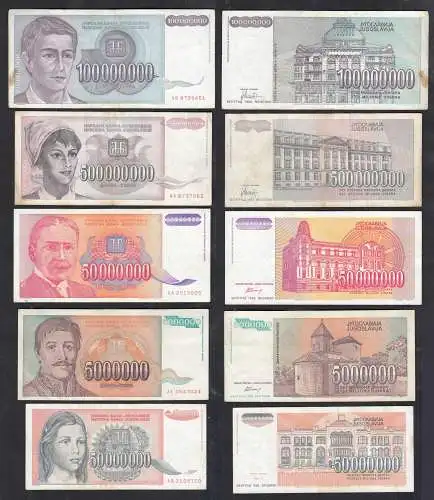 Jugoslawien - Yugoslavia 5 Stück Banknoten hohe Wertstufen bitte ansehen  (32387