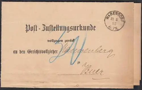 WARENDORF Gerichtsvollzieher Post-Zustellungsurkunde 1883 nach Buer    (32399