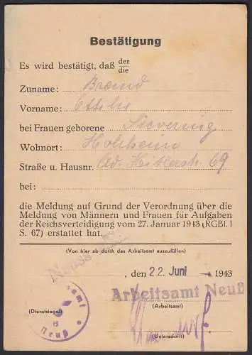 Frei durch Ablösung Reich 1943 Arbeitsamt NEUSS Melde Bestätigung  (32401