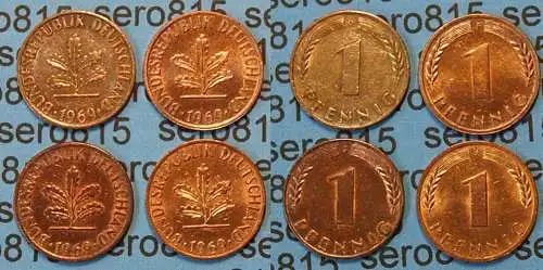 1 Pfennig complete set year 1969 all Mintmarks (D,F,G,J)   (424