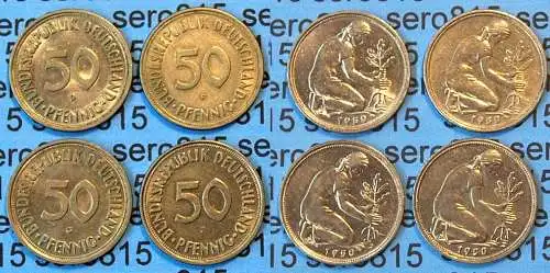 50 Pfennig complete set year 1950 all Mintmarks (D,F,G,J) Jäger Nr. 424   (411