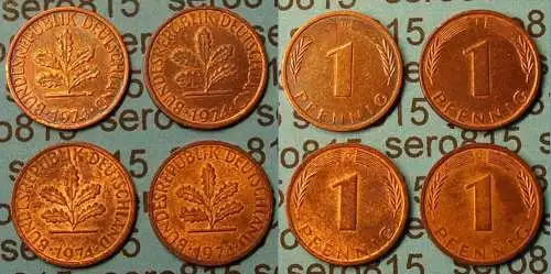 1 Pfennig complete set year 1974 all Mintmarks (D,F,G,J) Jäger 380  (428