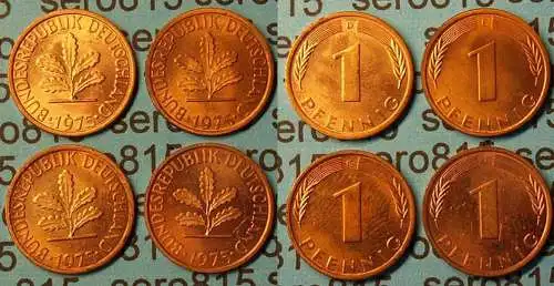 1 Pfennig complete set year 1975 all Mintmarks (D,F,G,J) Jäger 380  (0429