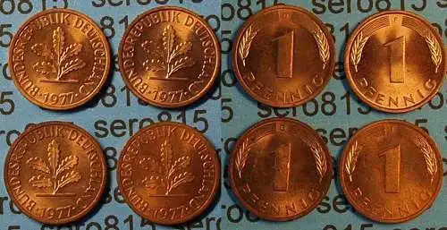 1 Pfennig complete set year 1977 all Mintmarks (D,F,G,J) Jäger 380  (431