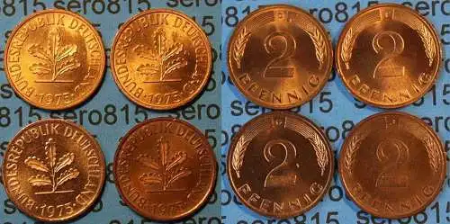 2 Pfennig complete set year 1975 all Mintmarks (D,F,G,J) Jäger 381     (452
