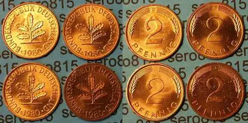 2 Pfennig complete set year 1980 all Mintmarks (D,F,G,J) Jäger 381     (454