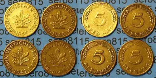 5 Pfennig complete set year 1949 all Mintmarks (D,F,G,J) Jäger 377  (461