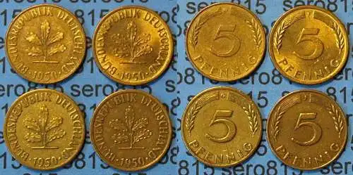 5 Pfennig complete set year 1950 all Mintmarks (D,F,G,J) Jäger 382    (462