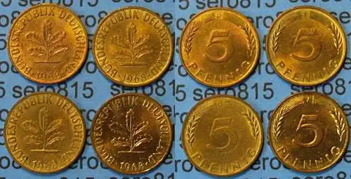 5 Pfennig complete set year 1968 all Mintmarks (D,F,G,J) Jäger 382    (464
