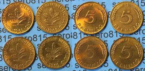 5 Pfennig complete set year 1969 all Mintmarks (D,F,G,J) Jäger 382    (465