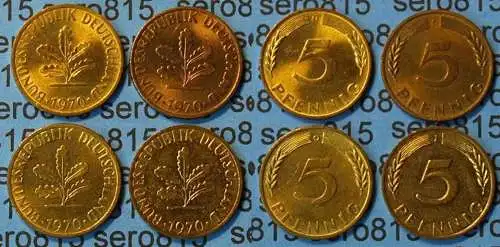 5 Pfennig complete set year 1970 all Mintmarks (D,F,G,J) Jäger 382    (466