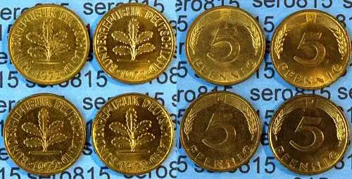 5 Pfennig complete set year 1972 all Mintmarks (D,F,G,J) Jäger 382    (468