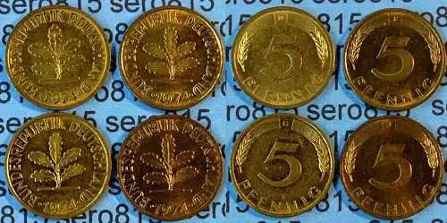 5 Pfennig complete set year 1974 all Mintmarks (D,F,G,J) Jäger 382    (469