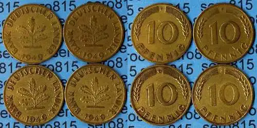 10 Pfennig complete set year 1949 all Mintmarks (D,F,G,J) Jäger Nr. 378   (473