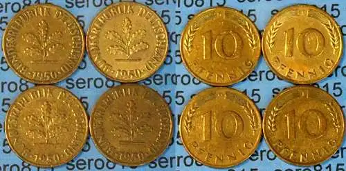 10 Pfennig complete set year 1950 all Mintmarks (D,F,G,J) Jäger Nr. 383   (474