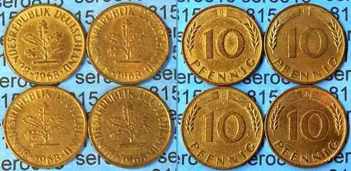 10 Pfennig complete set year 1968 all Mintmarks (D,F,G,J) Jäger Nr. 383   (477