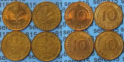 10 Pfennig complete set year 1969 all Mintmarks (D,F,G,J) Jäger Nr. 383   (478
