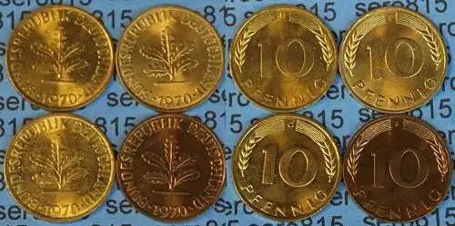 10 Pfennig complete set year 1970 all Mintmarks (D,F,G,J) Jäger Nr. 383   (479