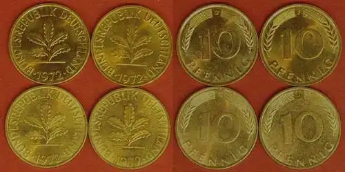 10 Pfennig complete set year 1972 all Mintmarks (D,F,G,J) Jäger Nr. 383   (481