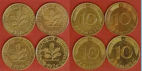 10 Pfennig complete set year 1974 all Mintmarks (D,F,G,J) Jäger Nr. 383   (483