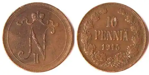 Finland - Finnland 10 Penniä Münze 1915 Nikolaus II.1894-1917   (074