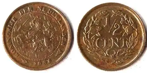 Niederlande - Netherlands - NEDERLAND 1/2 Cent Münze 1938     (084