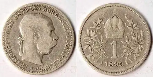 Österreich - Austria-Hungary 1 (Krone) Silber Münze 1893 Franz Joseph I.   (098