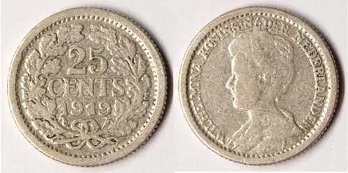 Niederlande - Netherlands - NEDERLAND 25 Cent 1919 Silber Münze  (089