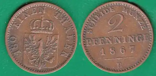 Brandenburg-Preussen 2 Pfennig Münze 1867 B Wilhelm I. 1861-1888    (32525