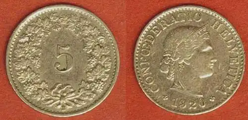 Schweiz - Switzerland 5 Rappen Münze 1920   (565