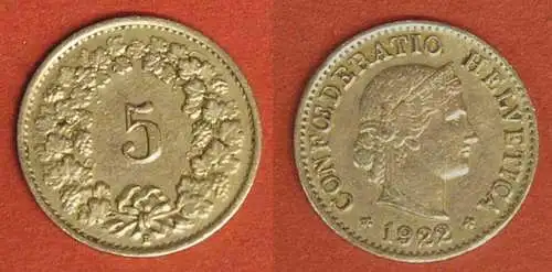 Schweiz - Switzerland 5 Rappen Münze 1922   (566