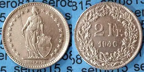 Schweiz - Switzerland - 2 Franken Silber-Münze 1940   (602