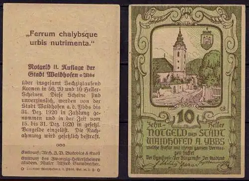 Österreich - Austria - 10 Heller Waidhofen 1920 Notgeld 2. Auflage   (d260