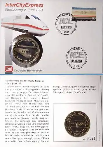 Inter City Express Numisbrief von 1991 mit Medaille Deutsche Bundesbahn  (d573