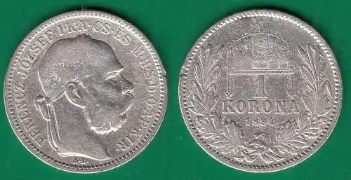 Österreich - Austria 1 Korona Silber Münze 1894 Kaiser Franz Joseph I.    (32539