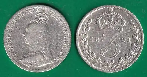 Großbritannien - Great Britain 3 Pence Silber Münze 1891 Victoria 1837-1901