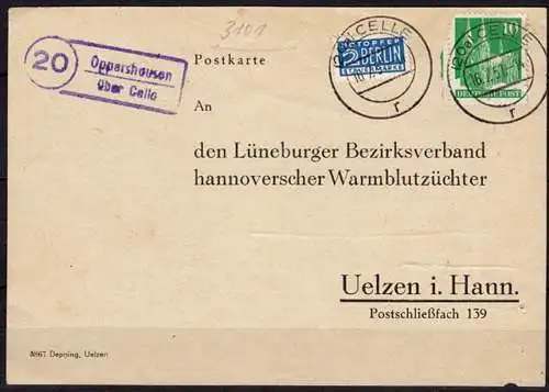 Karte Posthilfstelle Oppershausen über Celle 1951 Tierzucht Uelzen  (6039