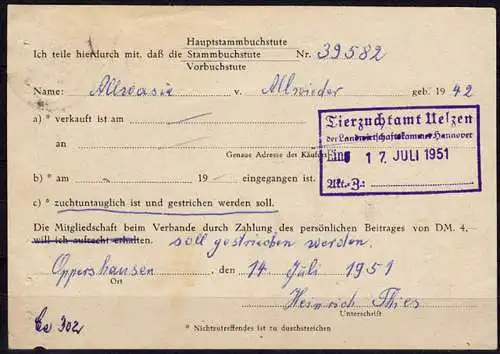 Karte Posthilfstelle Oppershausen über Celle 1951 Tierzucht Uelzen  (6039