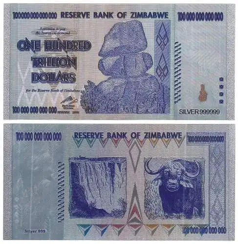 Simbabwe - Zimbabwe 100 Trillionen Dollars 2008  in Silber   (32590