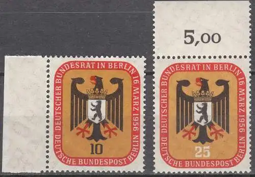 Berlin 1956 Mi. 136-137 postfrisch MNH 10+25 Pfg. Wappen Berlin + BRD Bundesrat