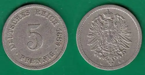 5 Pfennig Kaiserreich EMPIRE kl. Adler 1889 G Jäger 3 tiefer stehende 9   (32614