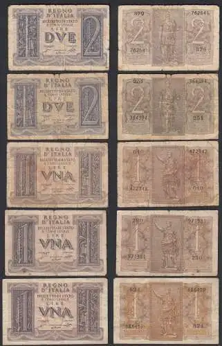 Italien - Italy 5 Stück 1 + 2 Lire Banknoten 1939 gebraucht Pick 26 + 27  (32521