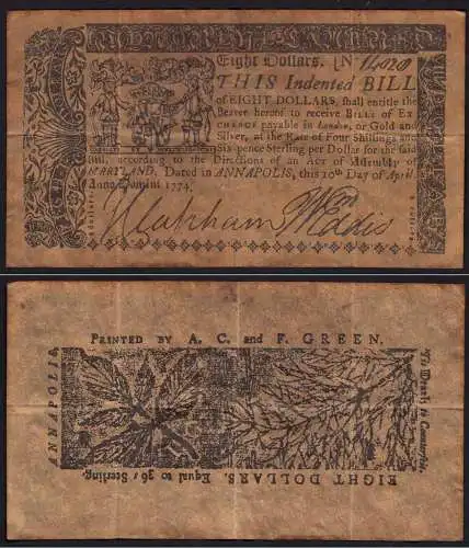 USA 1780 - 8 Dollar MARYLAND ANNAPOLIS 1774 - siehe Beschreibung  (15284