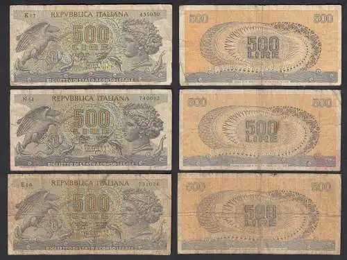 Italien - Italy 3 Stück á 500 Lire Banknote 1966 Pick 93a VG-F (4-5)    (32644