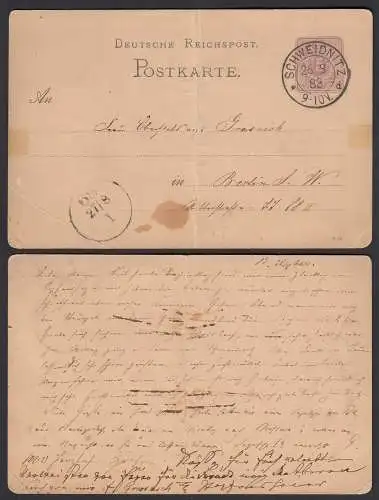 SCHWEIDNITZ Deutsches Reich 1882 5 Pfennig Postkarte Ganzsache nach Berlin
