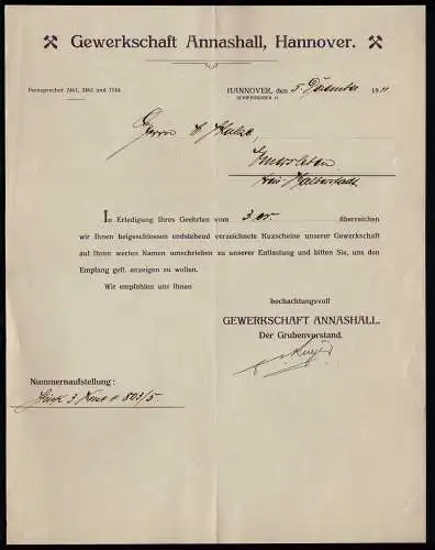 Gewerkschaft Annashall Hannover 1911 Schreiben bzl. Kuxscheine    (23338